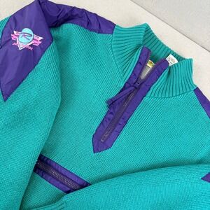 Vintage Rossignol G-E-A-R Mens Quarter Zip Wool Blend Ski Sweater Teal Purple M
